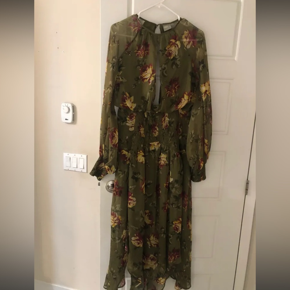 ASOS Olive Green Floral Long Sleeve Midi Dress